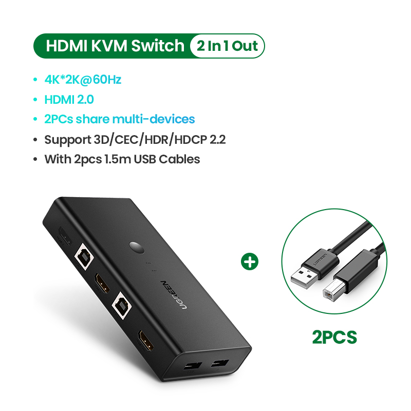 UGREEN USB HDMI KVM Switch 4K 60Hz Ultra HD 2 IN 1 HDMI Switcher Box and VGA to USB KVM Splitter for Sharing Monitor Printer Keyboard Mouse
