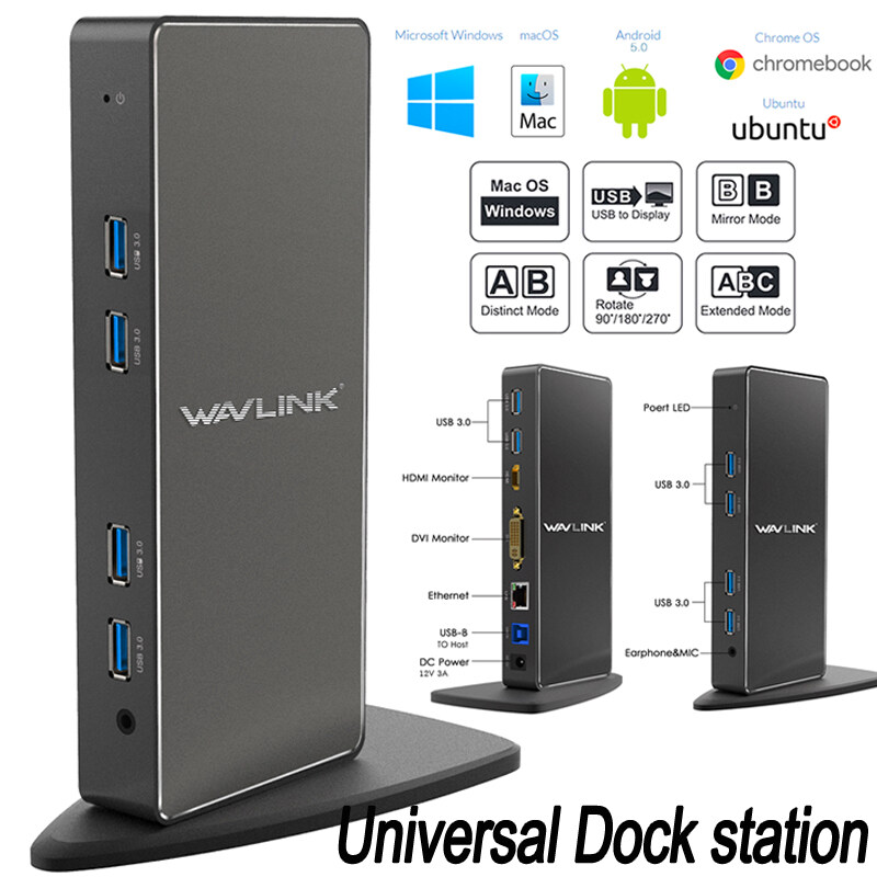 Wavlink USB3.0 Aluminum Universal Laptop Docking Station With Dual Video HDMI and DVI, Gigabit Ethernet, 6USB Ports, Audio, Mic.