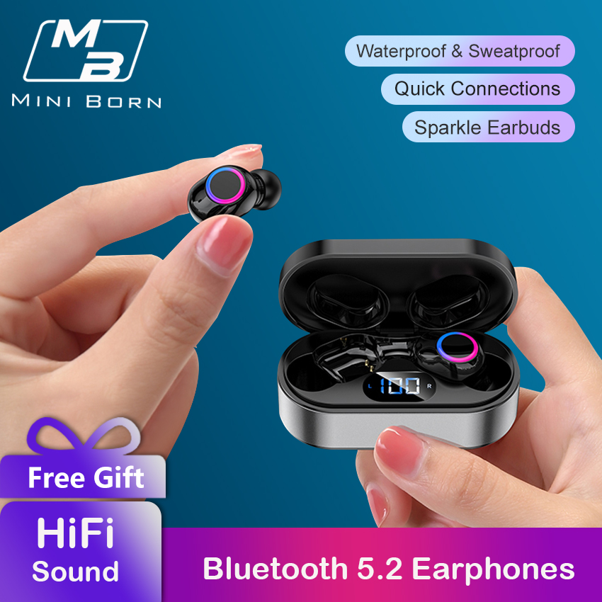 Mini Born TWS Earphone Wireless Earbuds Bluetooth 5.2 In-Ear Headphones Sweatproof Sports Headsets LED Display Earphone HIFI Stereo Noise Canceling Earphone Hands free Earbuds USB Charging With Large 