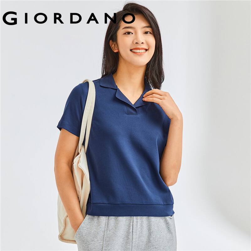 GIORDANO Women Polo Shirts French Collar 100% Cotton Polo Shirts Short Sleeve Solid Color Simple Casual Polo Shirts 05312386