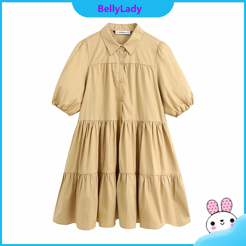 Women Fashion Lapel Dress Single-breasted Solid Color Puff Sleeves Skirt Short Sleeves Loose Dress