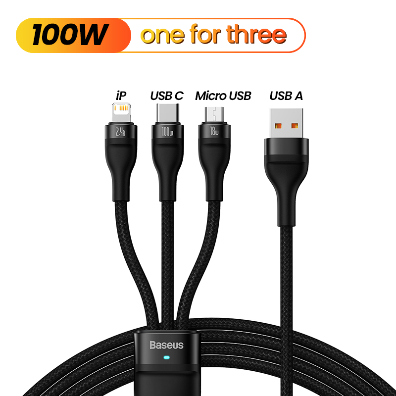 Baseus 3 in 1 Fast Charging Cable PD 100W Multi Charging Cable for iPhone 13 12 Pro Max PD Charging with Lightning / USB C / Micro Port Nylon Braided Data Cable
