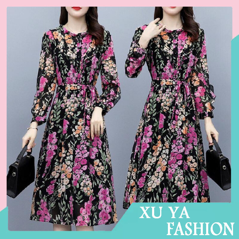 Women Floral Dress Comfortable Breathable Lightweight Lace-up Round Neck Long-sleeved Midi Skirt
