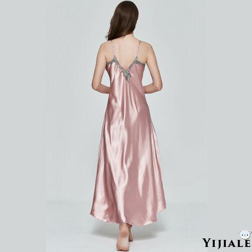 ◄∋ YJ★Women Satin Long Nightgowns Silk Lace Sexy Lingerie Sleeveless Deep V Nightdress Sleepwear
