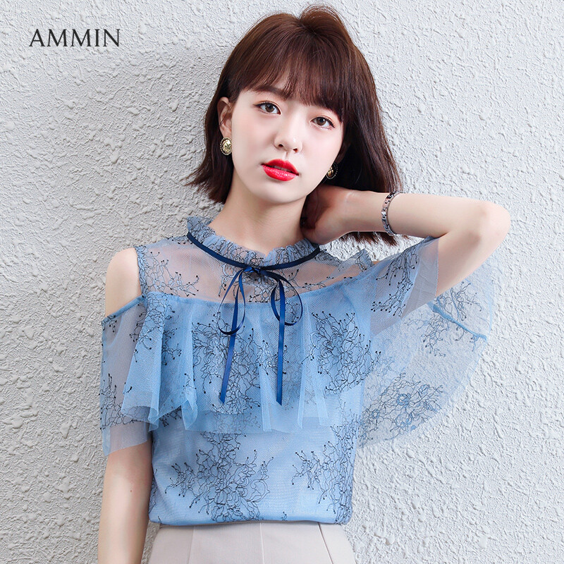 AMMIN Tops 2021 summer Korean version of the new pleated wood ear stitching round neck bow tie off shoulder ruffled stitching chiffon shirt women's elegant and sweet short-sleeved hollow mesh stit