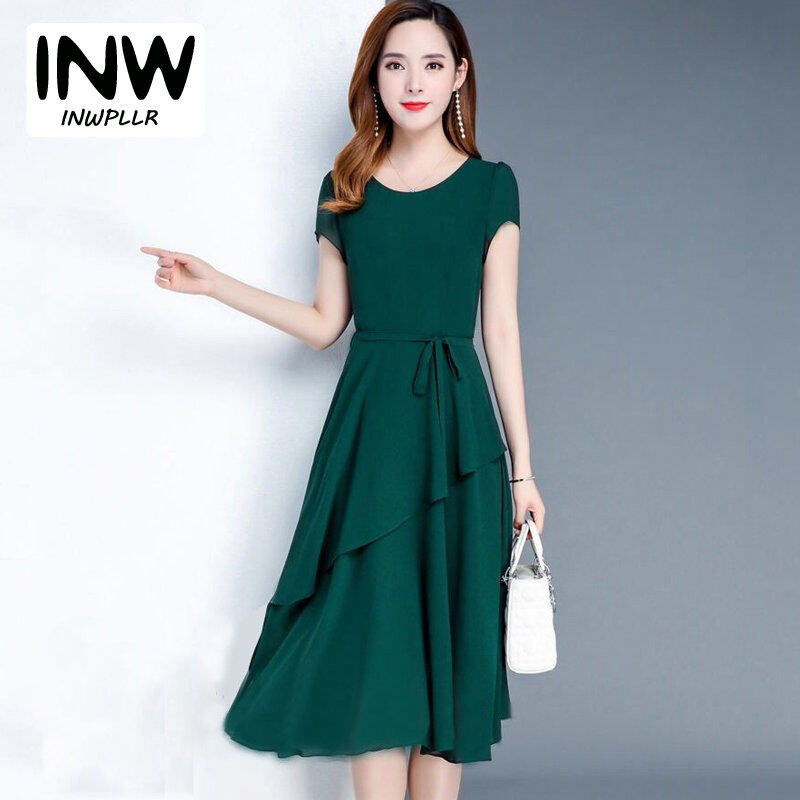 INWPLLR New Women's Fashion Work Dress Summer Women Dresses Plain Short Sleeve Dresses Korea Minimalist Business Mid Dress For Women