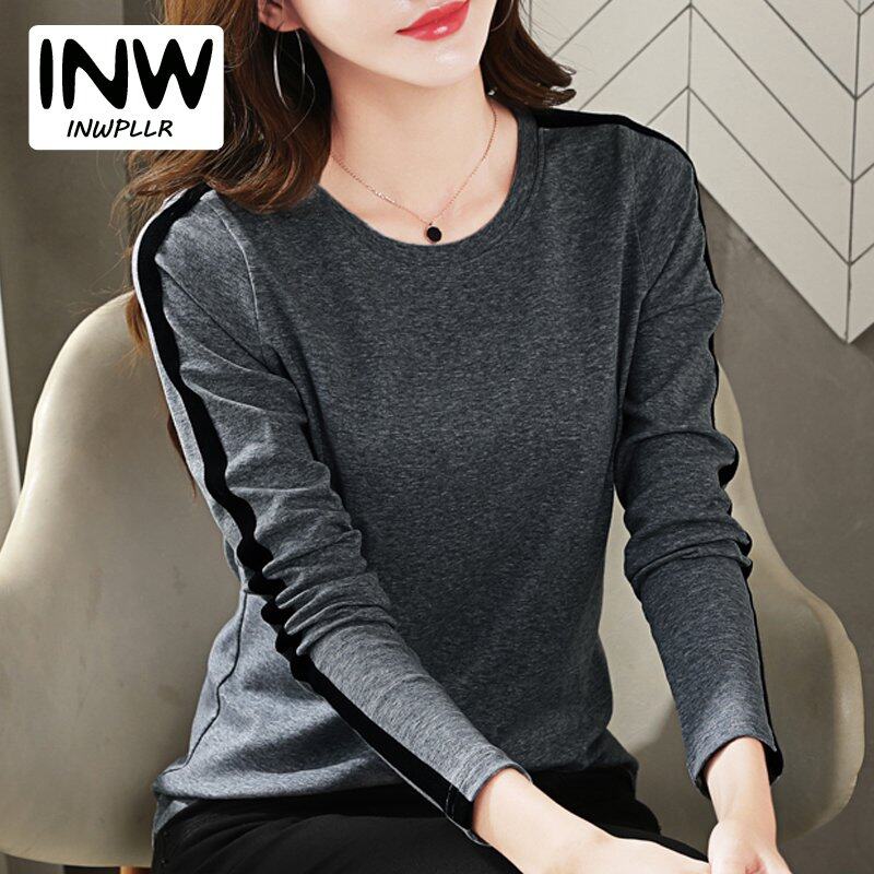 INWPLLR All-match Women T-Shirts O-Neck Stitching T-shirts Autumn Korean Long Sleeve Tops Casual Ladies Tops Tees Plus Size