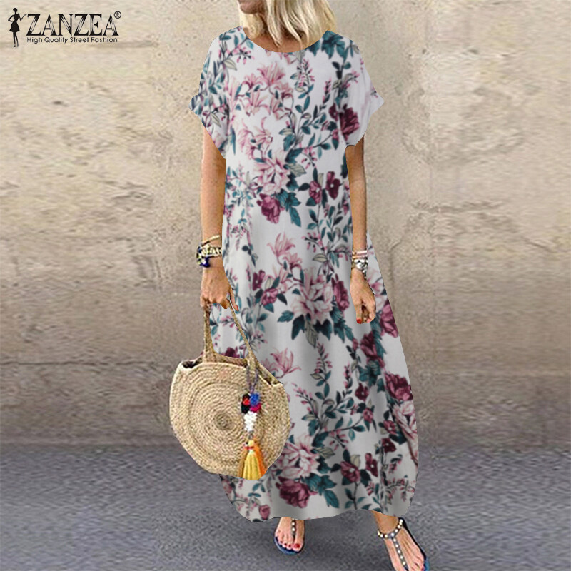 ZANZEA Womens Summer Short Sleeve Dress Casual Loose Retro Floral Printed Midi Sundress