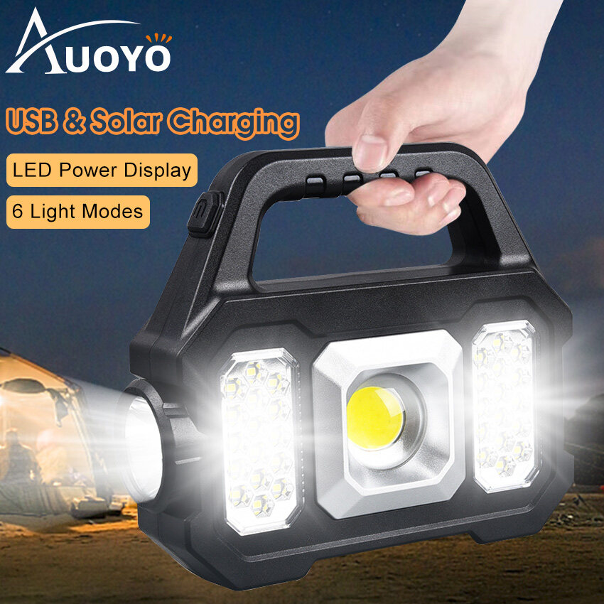 Auoyo Solar Outdoor Lights Led Work Light Portable Camping Light Handheld Emergency Lamp Floodlight Flashlight Spotlight SOS Warning Lighting Outdoor Waterproof Light USB Rechargeable Mobile Power Lam