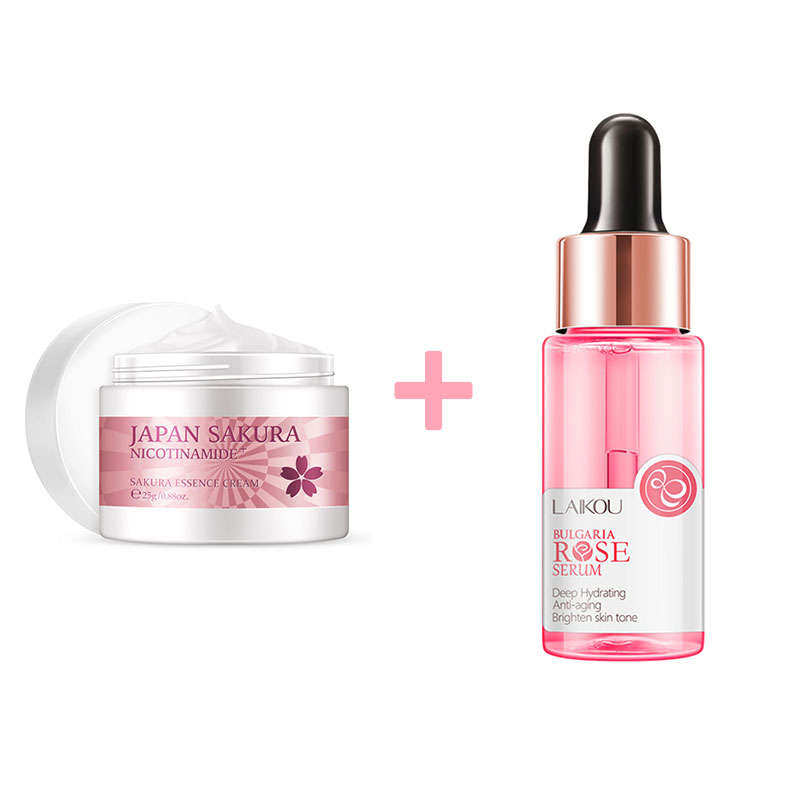 LAIKOU (Japan Sakura Serum+Japan Sakura Cream) Glass skin Anti Aging Pore Control Firming Acne Care Sensitive skin Firming Whitening Sodium Hyaluronate Serum