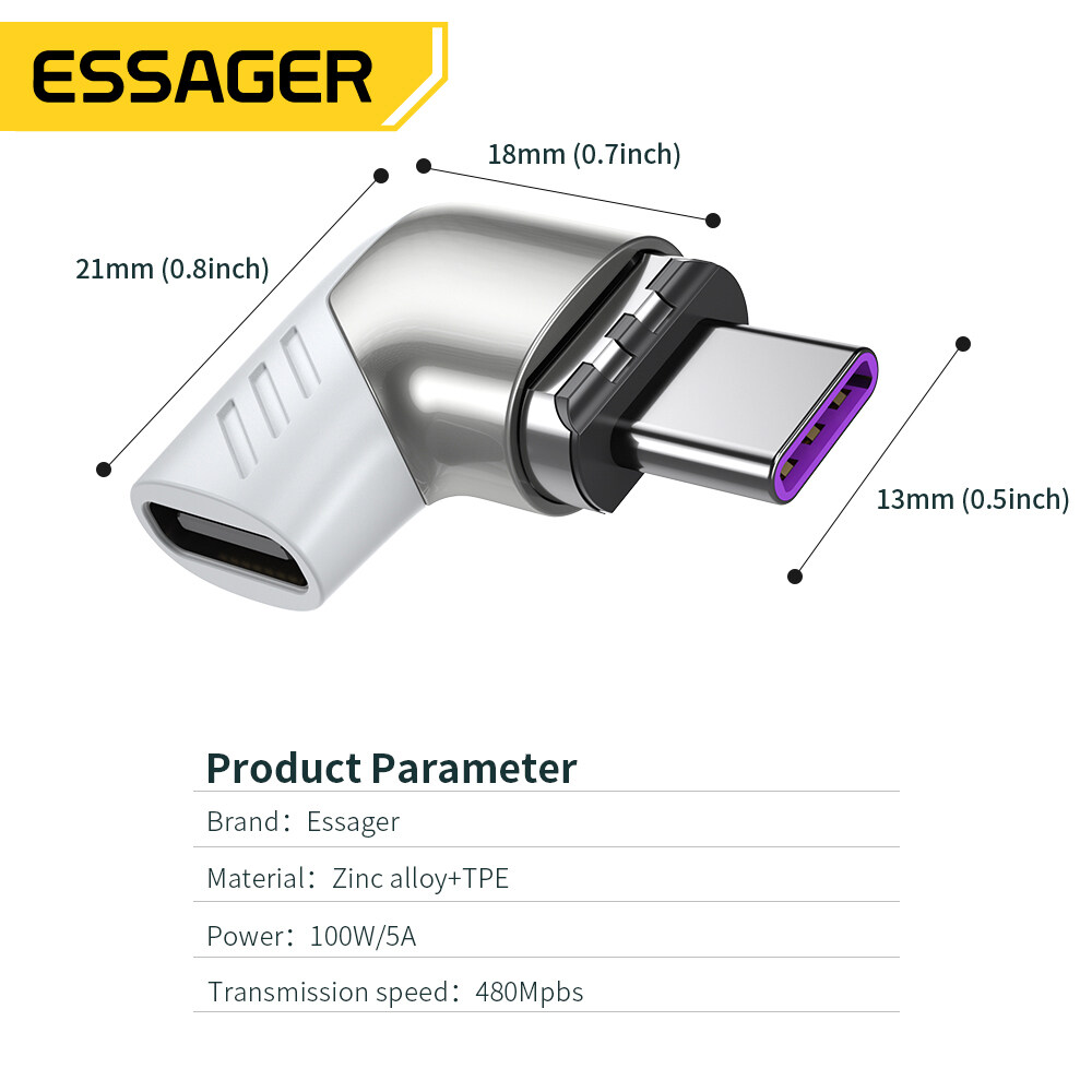 Essager 100W USB Type C Magnetic Adapter For Mackbook Pro Huawei USB-C Converter Type-C Male To USB C Female Magnet Connector