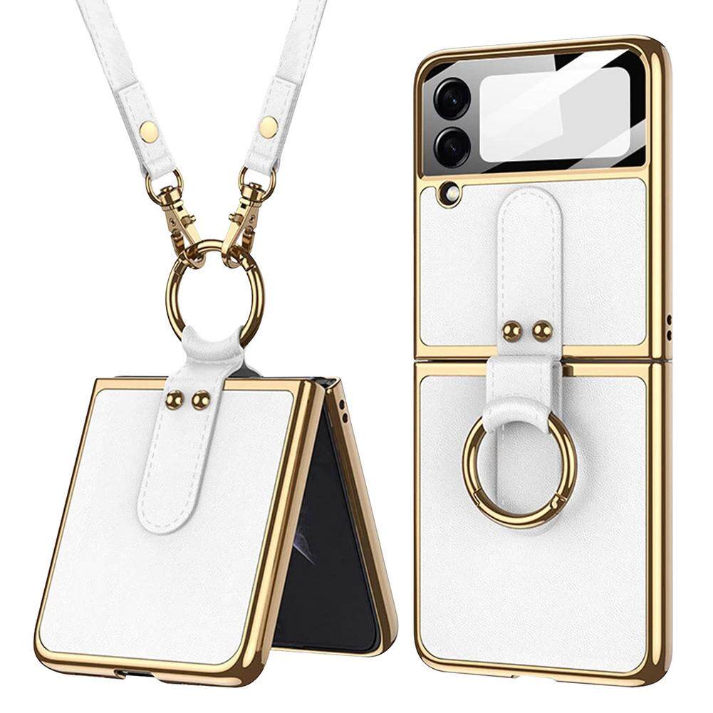 [ Ring+Tempered Glass+ Chain ]KISSCASE for Samsung Z Flip 4 Flip3 Leather Case 360 Full Protection Tempered Glass Phone Case for Samsung Galaxy Z Flip4 Flip3 Phone Case