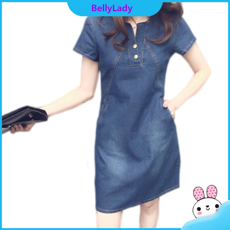 Women Denim Skirt Button Round Neck Short-sleeved Solid Color Casual Pullover Midi Dress