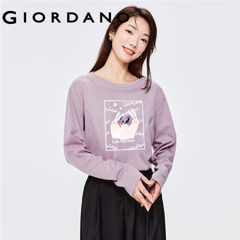 GIORDANO Women ZiLi Series T-Shirts Long Sleeve Spring Fall Casual T-Shirts Quality 100% Cotton Print Graphic T-Shirts 99392100