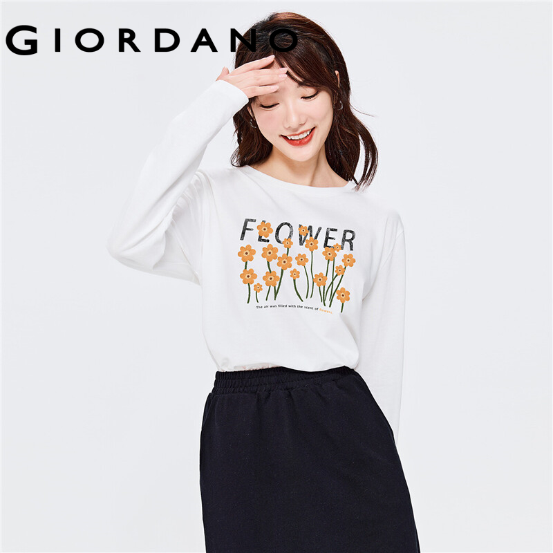 GIORDANO Women Huaxiansheng Series T-Shirts Crewneck 100% Cotton Casual T-Shirts Long Sleeve Crewneck Print Simple Tee 99392098