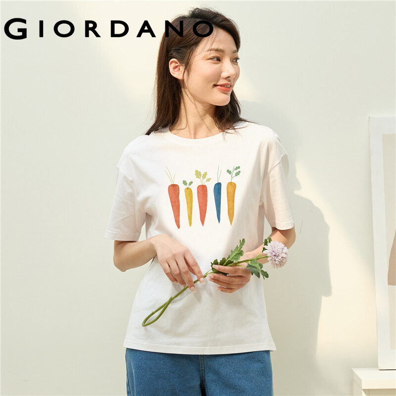 GIORDANO Women HuaXianSheng Series T-Shirts Short Sleeve Breathable Summer Tee Print Graphic Cotton Casual T-Shirts 99392034