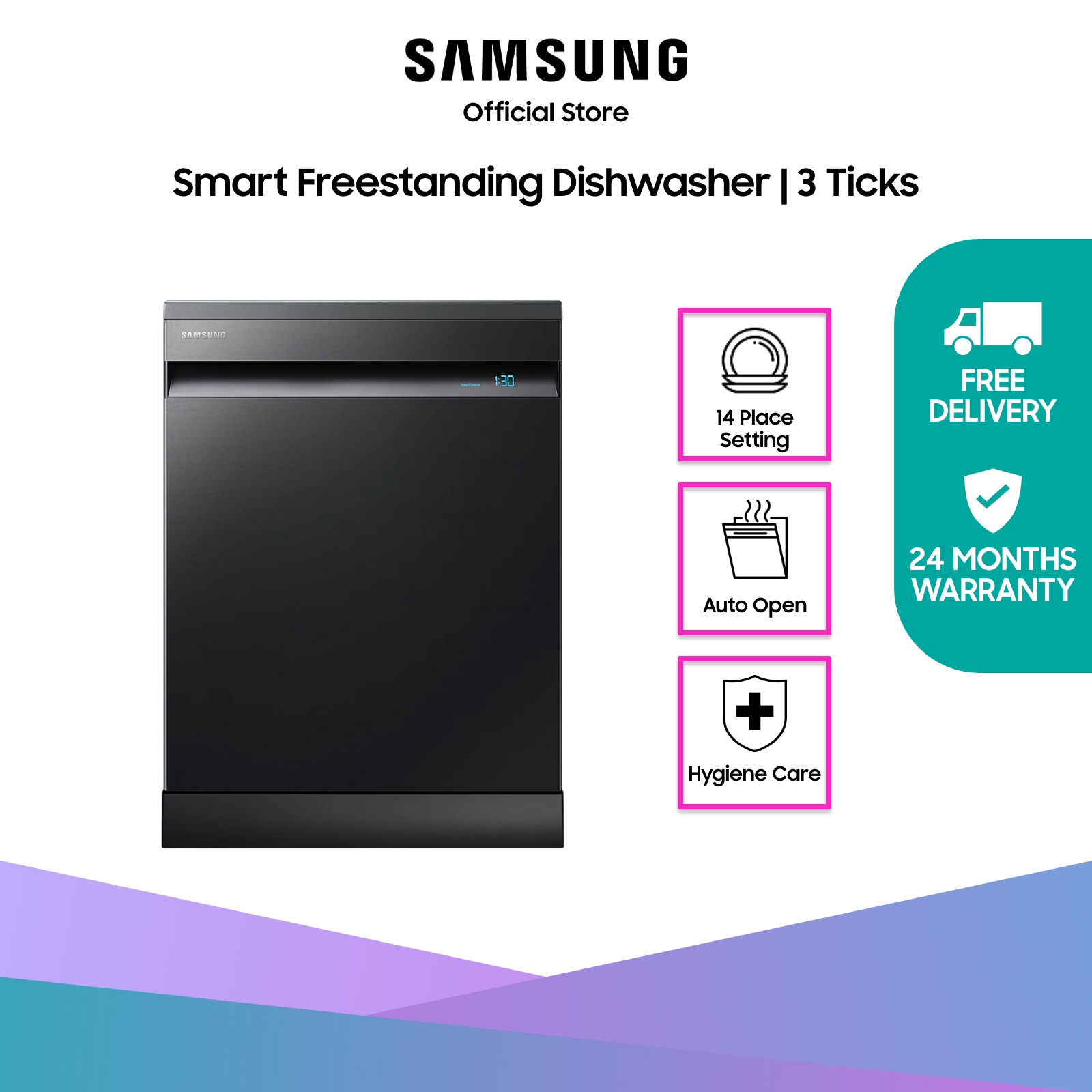 [Bulky] SAMSUNG DW60A8050FB/SP, Smart Freestanding Dishwasher, 14 Place Settings, 3 Ticks
