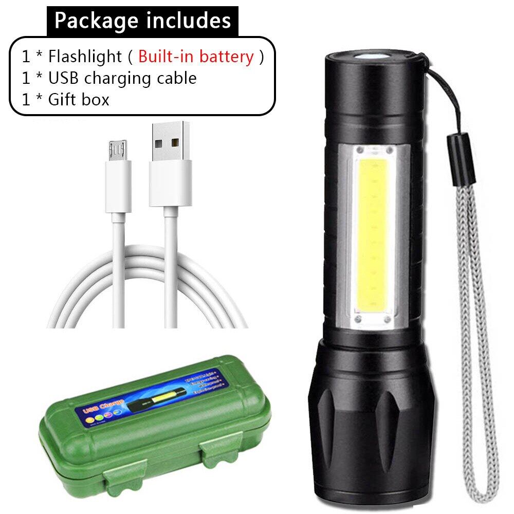 Mini Flashlight Zoom Powerful Torchlight with COB side light Built In Battery Rechargeable Pocket Torch for Camping /Cycling/Hiking