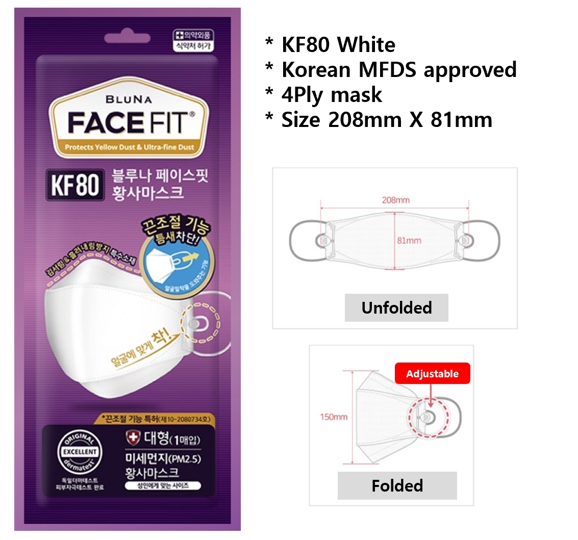 [Made in Korea] 10/30PCS BLUNA FACE FIT mask 4Ply individual packing White / Black / Kids [Direct from Korea]