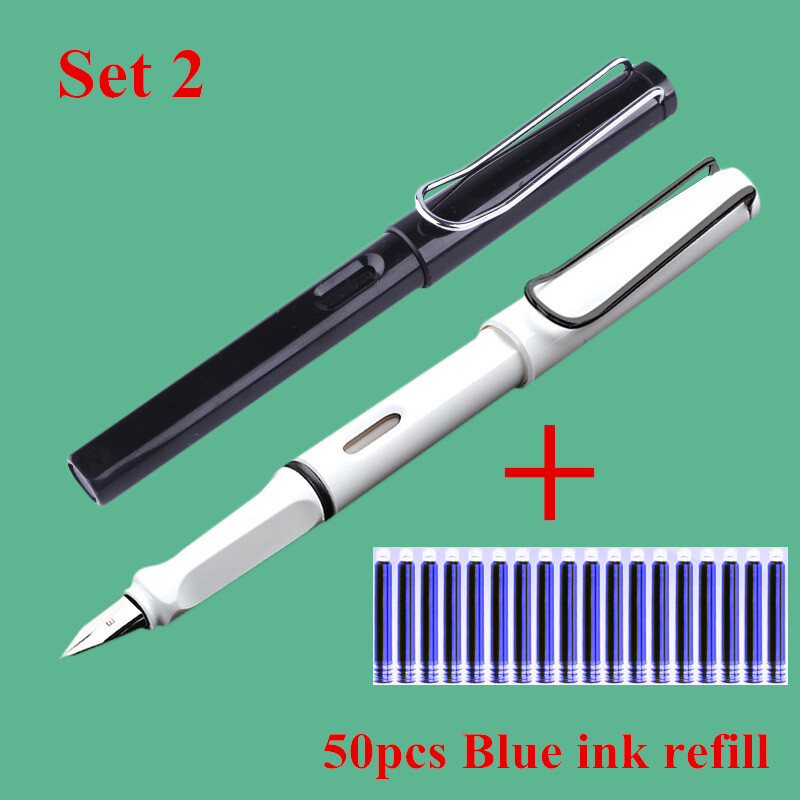 0.38mm Fountain Pen set with replaceable ink refill, 2 Pens + 50 disposable ink refills Student School&Office Stationery