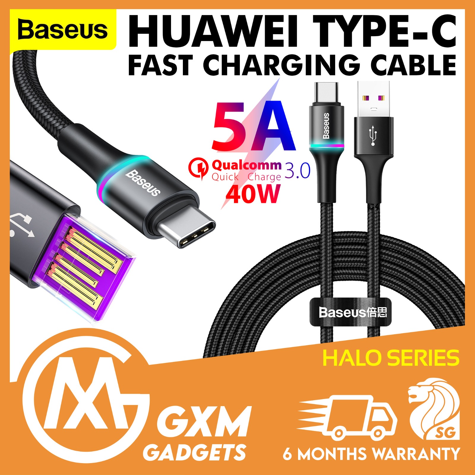 Baseus Halo Type-C MicroUSB Data Cable Quick Charge Cable iPhone iPad Huawei Samsung Xiaomi-Black