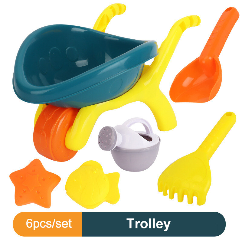 Set of 6 Trolley/Truck/Bucket Beach Toy for Sand Play Set with Cart Watering Can Rake Shovel and 2 Mini Molds for Kids