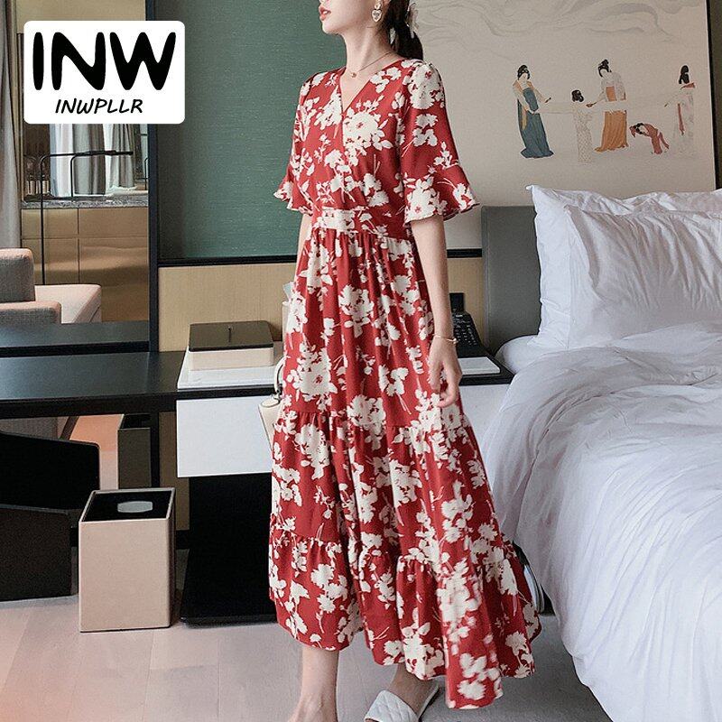 INWPLLR Japanese Style Women Dress Fashion Flower Printed Dress Korean Elegant Long Red Dress 2021 Summer Casual A-line Dresses Female
