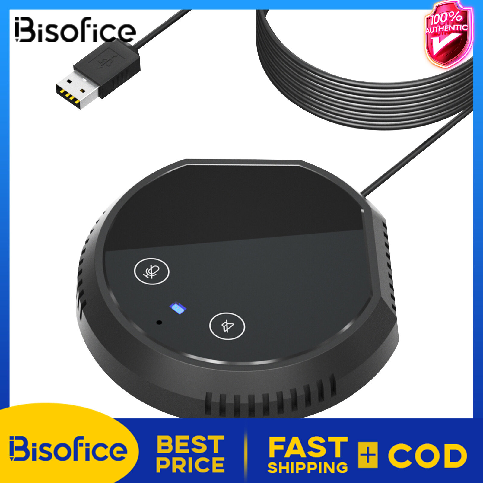 Bisofice Desktop USB Conference Speakerphone Microphone 360° Omnidirectional Condenser Plug & Play PC Computer Mic Support BT Speaker Touch-Sensor Buttons Mute Function Compatible with Windows Mac for