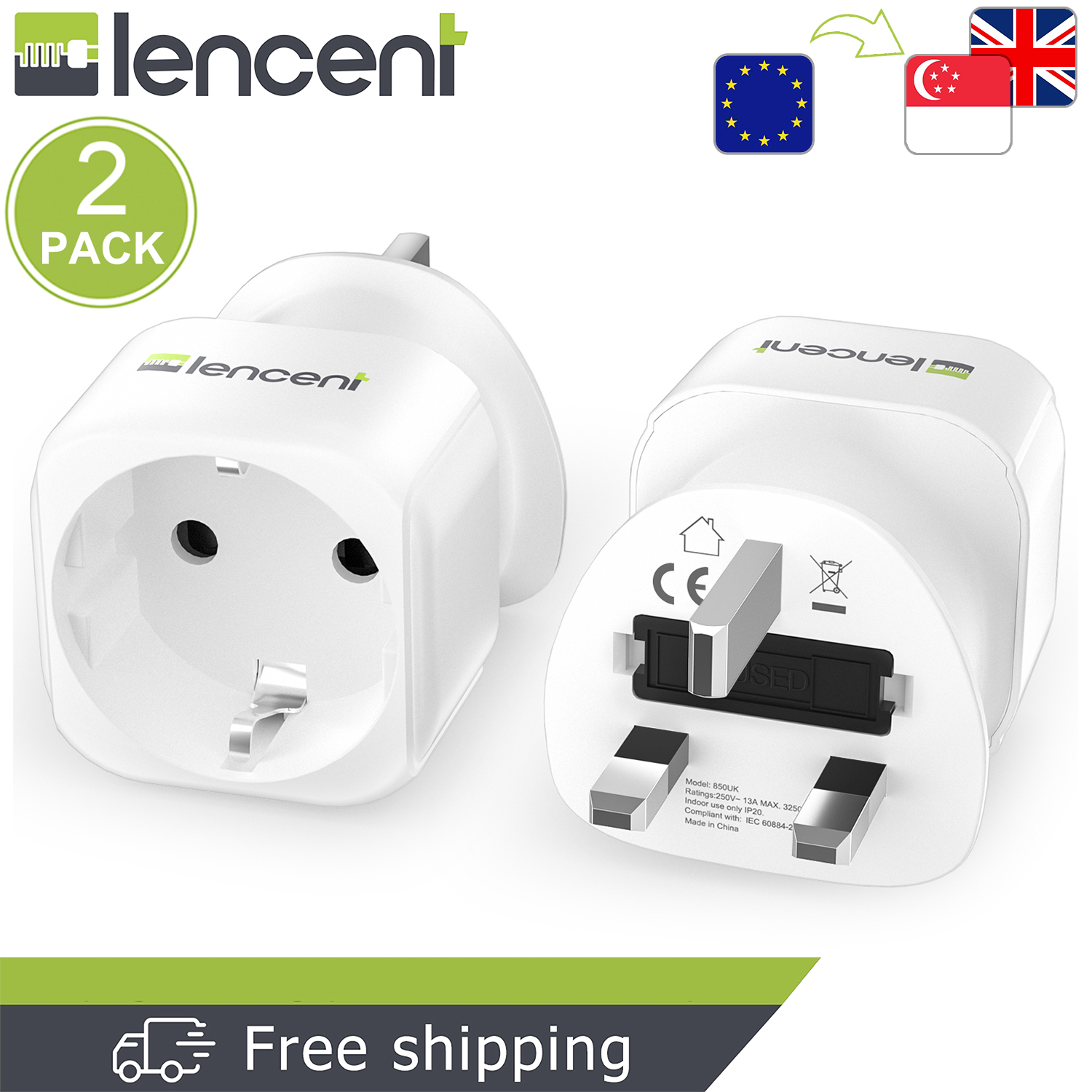 LENCENT 2 X Europe to Singapore/Malaysia/UK Plug Travel Adapter (White) Charger Converter Mobile Accessories