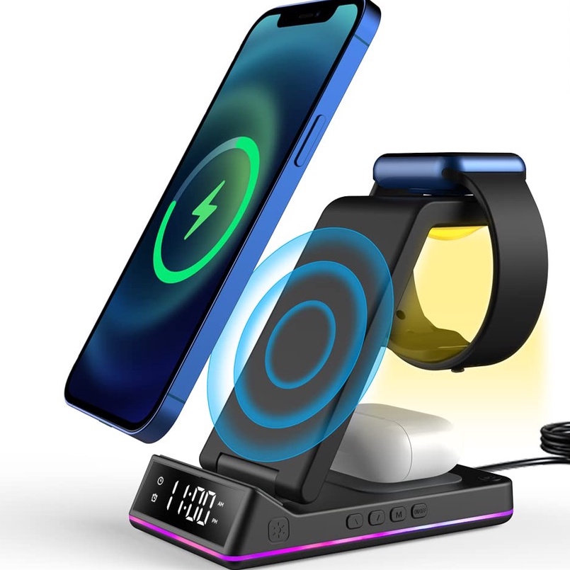 DESKRTON 5 in 1 Wireless Charger, Qi Fast Charge Wireless Charging Stand with LED Clock, Phone Charging Station for Smart Phones iPhone Samsung AirPods iWatch Galaxy Watch