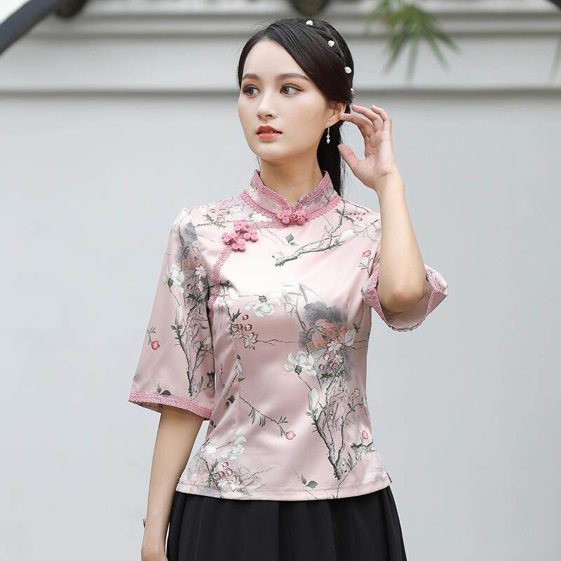 【Ready stock】Cheongsam Women's Plus Size Stand Collar Tops 2022 Summer Cotton Blend Lace Prints Splicing Tradition Chinese Style Shirts Woman