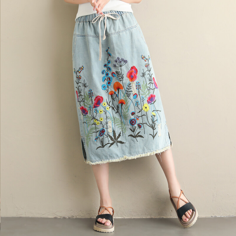 Drawstring Waist Summer Elastic Waist Floral Embroidered H-Line Retro Long Denim Skirts for Women L XXL