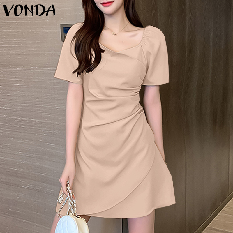 VONDA Women Short Sleeve Solid Color High Waist Skinny Mini Dress Casual Loose Holiday Party Dress (Korean Causal)