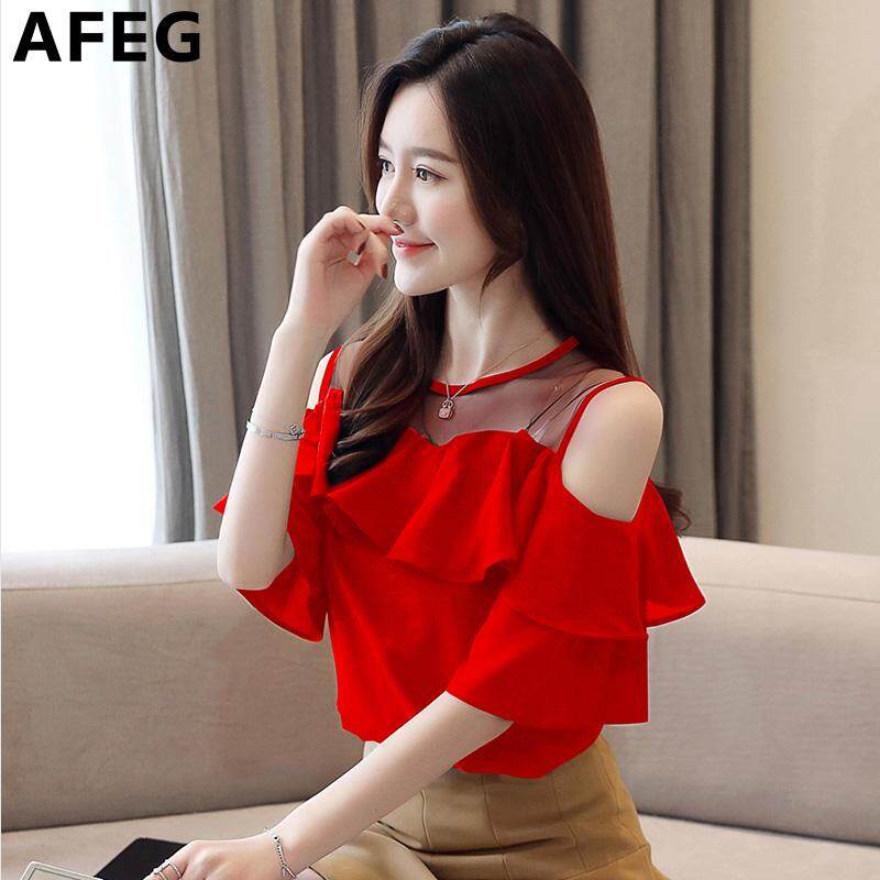 AFEG Summer New Solid Color Korean Round Collar Off Shoulder Camp Ruffle Fashion Loose Elegant Elegant Temperament Mesh Stitching Chiffon Trumpet Short Sleeve Top