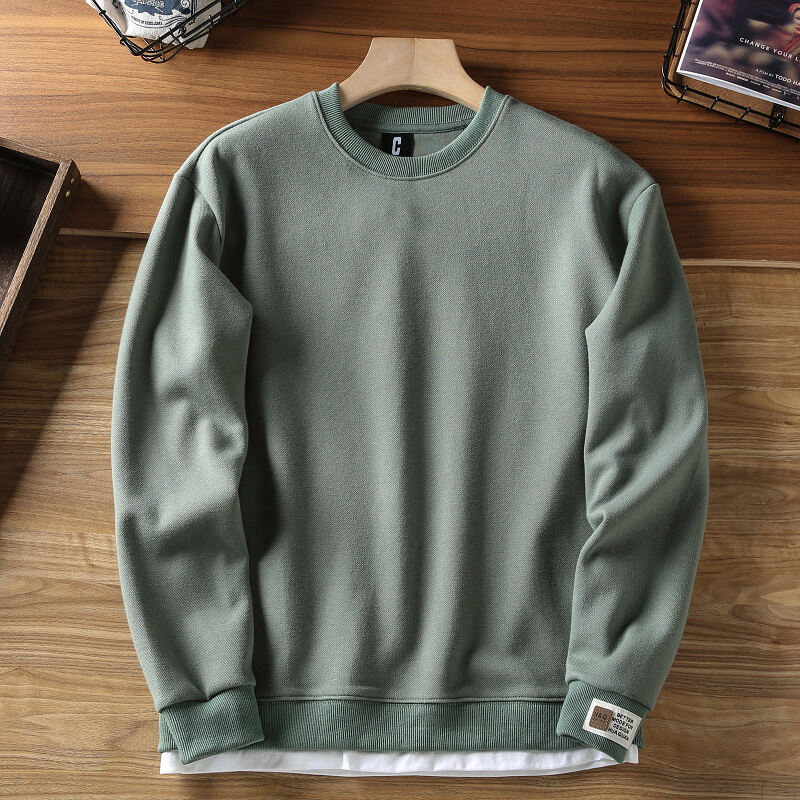 Autumn New Washed Pearl Cotton Men's Drop Shoulder Sleeve round Neck Pullover Fake Two-Piece Sweater Sports Casual Sweater
