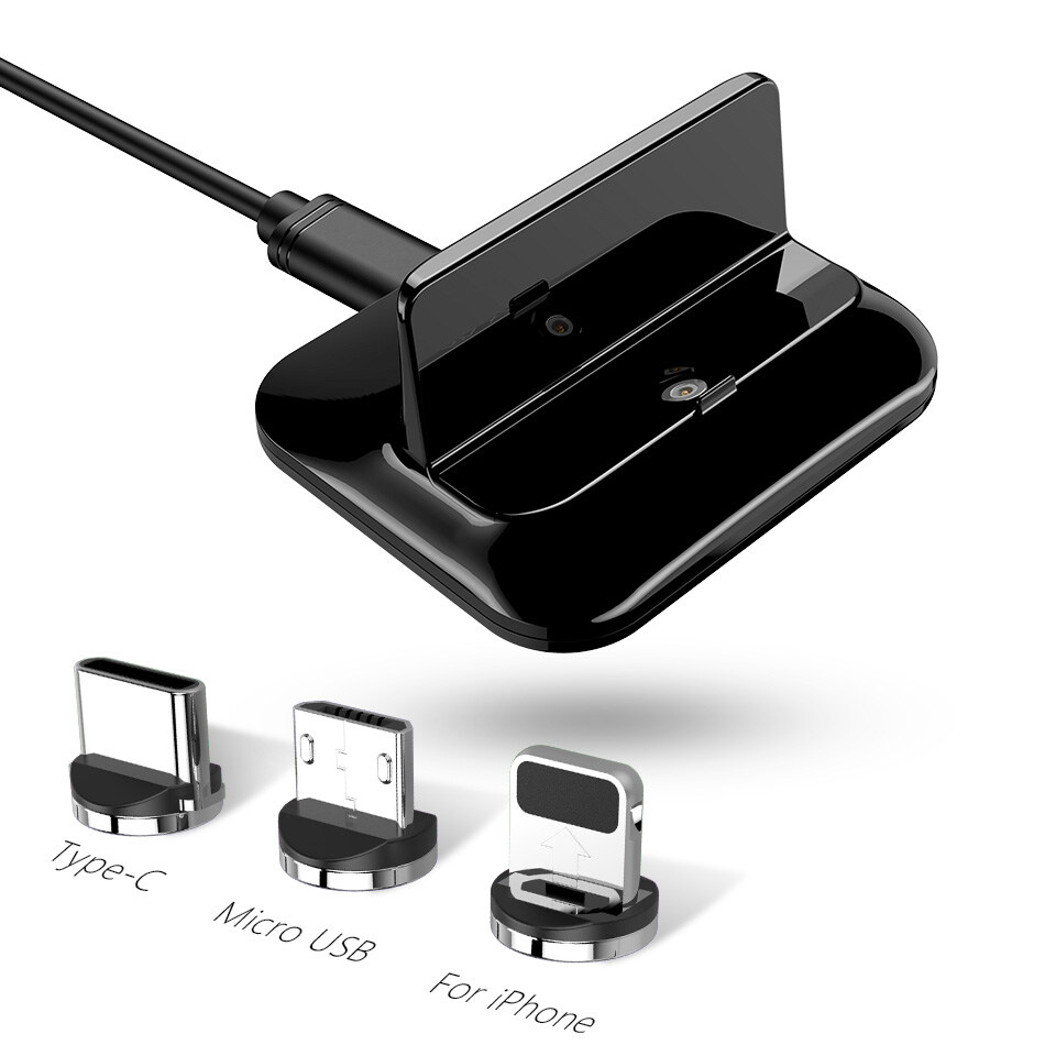 VAORLO 3in1 Magnetic Charger Dock Universal Phone Charge Micro usb Type C Lightning Stand Holder compatible with Apple iPhone 8 7 6 Plus X XR XS MAX For Vivo Oppo Huawei Desktop Charging Blacket