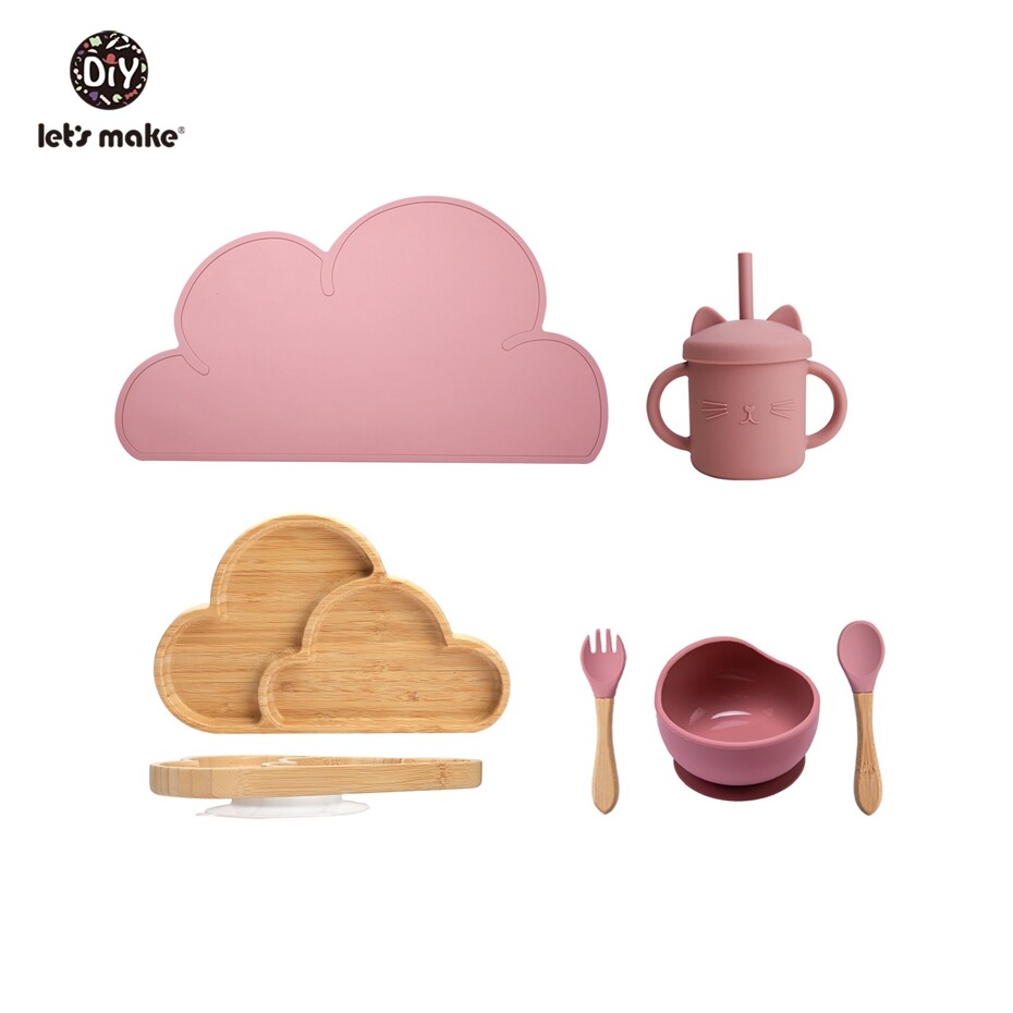 Let's Make Baby Feeding Essentials 6pcs/set Silicone Suction Bowl Bamboo Cloud Plate Toddler First Meal Gift
