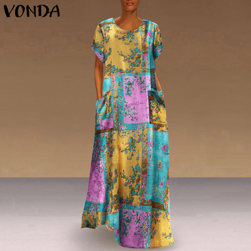 VONDA Womens Short Sleeve Printed Beach Holiday Casual Dresses Kaftan Loose Long Dress
