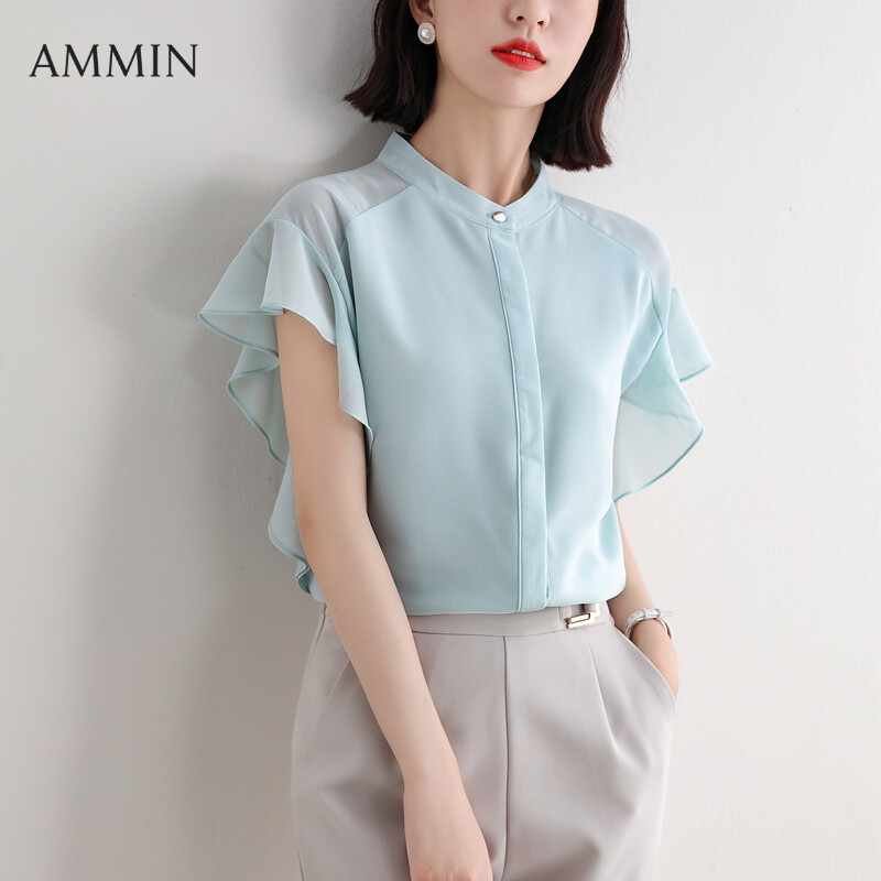 AMMIN Korean Short Sleeve Chiffon Shirt For Women 2021 Summer Ruffled Temperament Round Neck Top Lady Fashion Loose Large Size Casual blouse