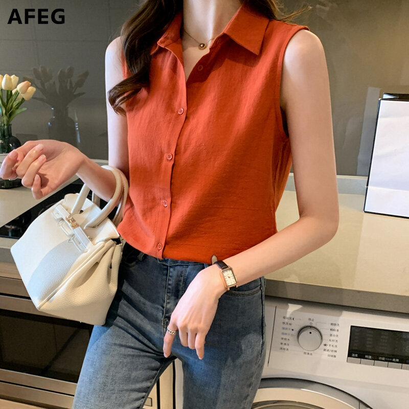 AFEG new women's sleeveless lapel solid color temperament blouse for women