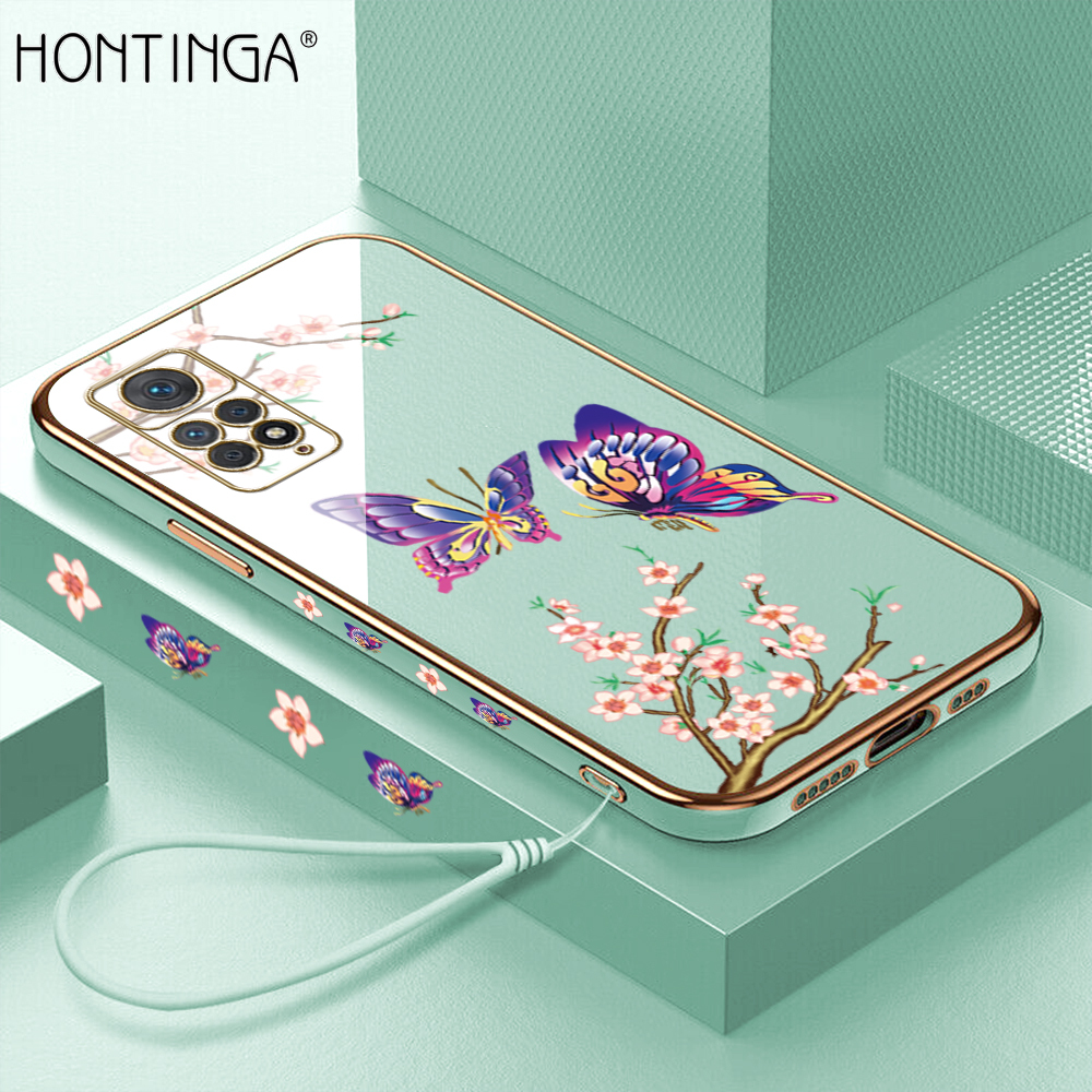Hontinga Casing Case For Xiaomi Redmi Note 11 Pro 4G 5G Case Fashion Colorful Butterfly Luxury Chrome Plated Soft TPU Square Phone Case Full Cover Camera Protection Anti Gores Rubber Cases For Girls