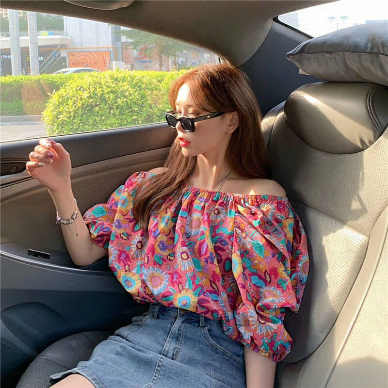 EDQRDQ Women's Puff Short Sleeve Off Shoulder Chiffon Blouse Summer Floral Print Casual T Shirts