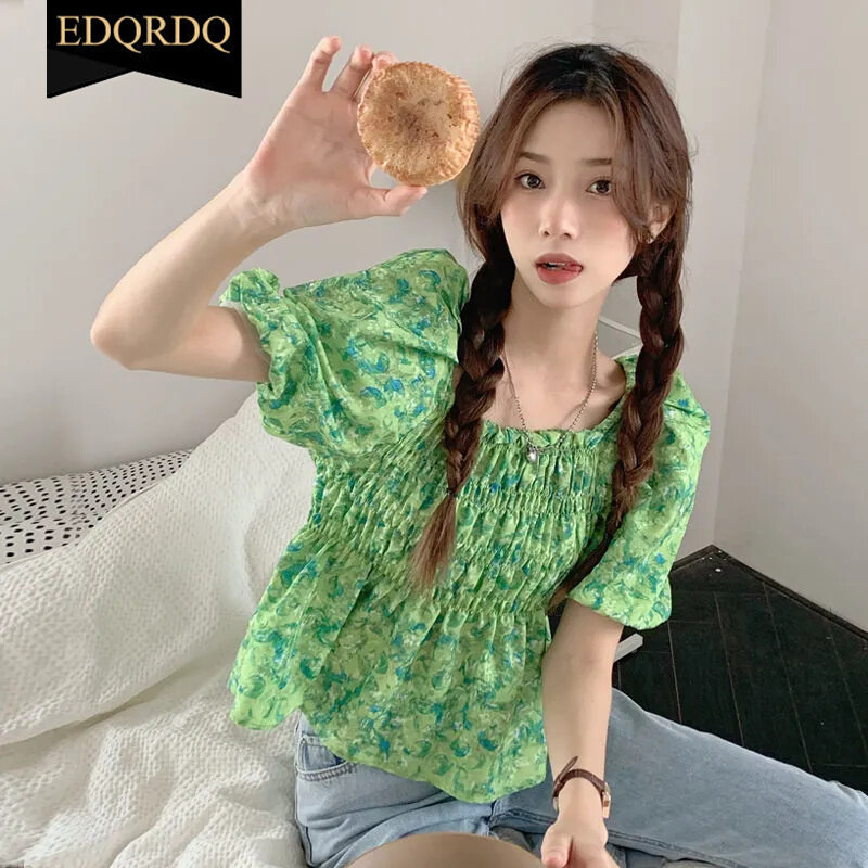 EDQRDQ Floral Off Shoulder Blouses Chiffon Summer Puff Sleeve Fashion Shirts Tops