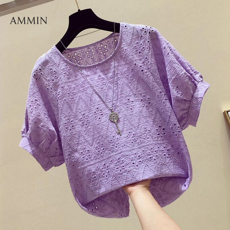 AMMIN Tops 2021 short-sleeved loose elegant sweet simple round neck fashion all-match blouse women's new embroidery flowery hollow puff sleeve lace shirt