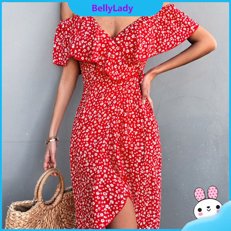 Women Sexy Irregular Dress Summer Breathable Off-shoulder Suspender Dress Classic Floral Printing Long Skirt