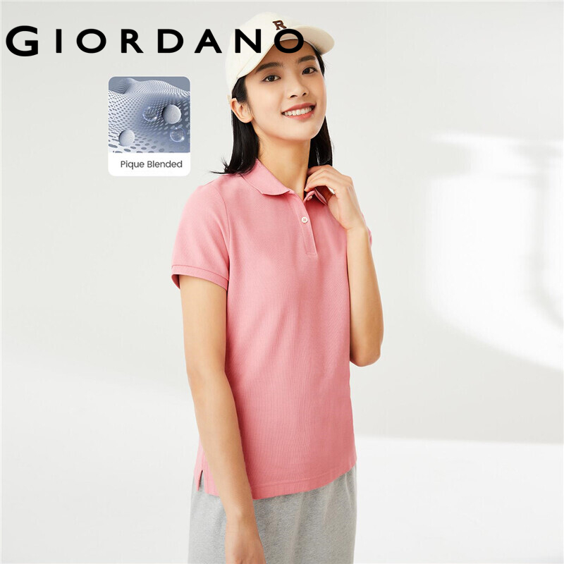 Giordano Women Polo Shirts Classic Collar Ribbed Cuffs Pique Polo Shirts Mesh Structure Short Sleeves Slim Polo Shirts 05311399
