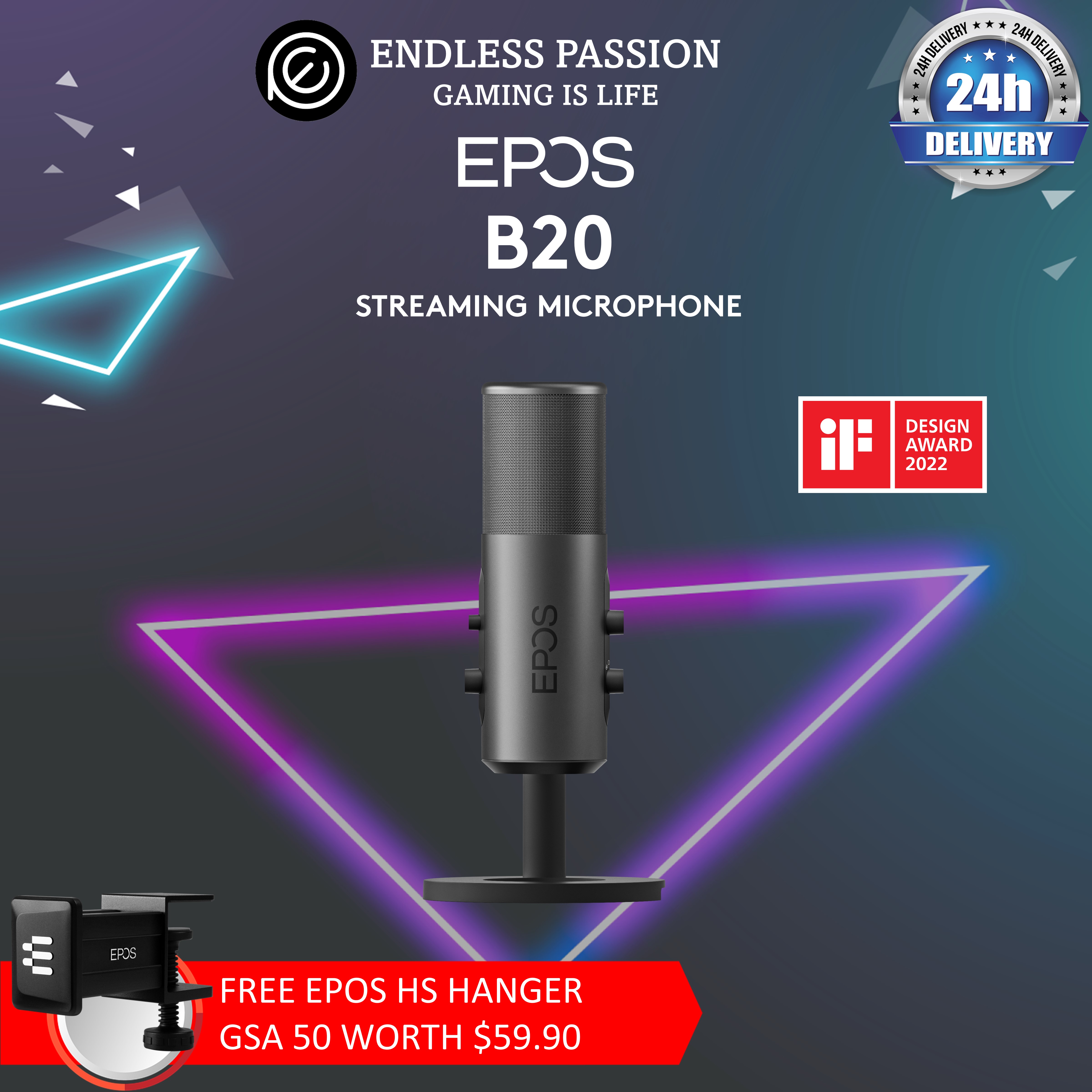 EPOS B20 Streaming Microphone - 2.9m Cable USB-C Computer Microphone for Gaming - PC & Laptop Connection with Audio Controls - Compatible with PC, Mac, and PS4 - Desk Stand Included