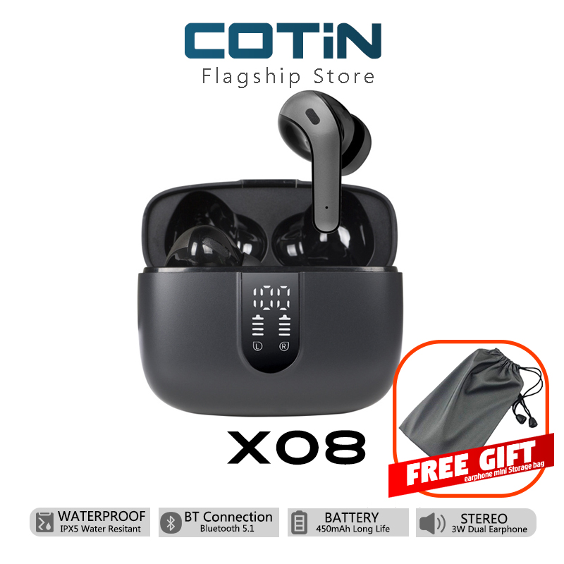 【2022 NEW】COTIN X08 Bluetooth Headphones True Wireless Earbuds 60H Playback LED Power Display Earphones with Wireless Charging Case IPX5 Waterproof in-Ear Earbuds with Mic for TV Smart Phone Computer 