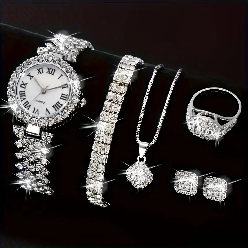 6Pcs Fashionable Silver Quartz Watch Set with Rhinestone Accents
