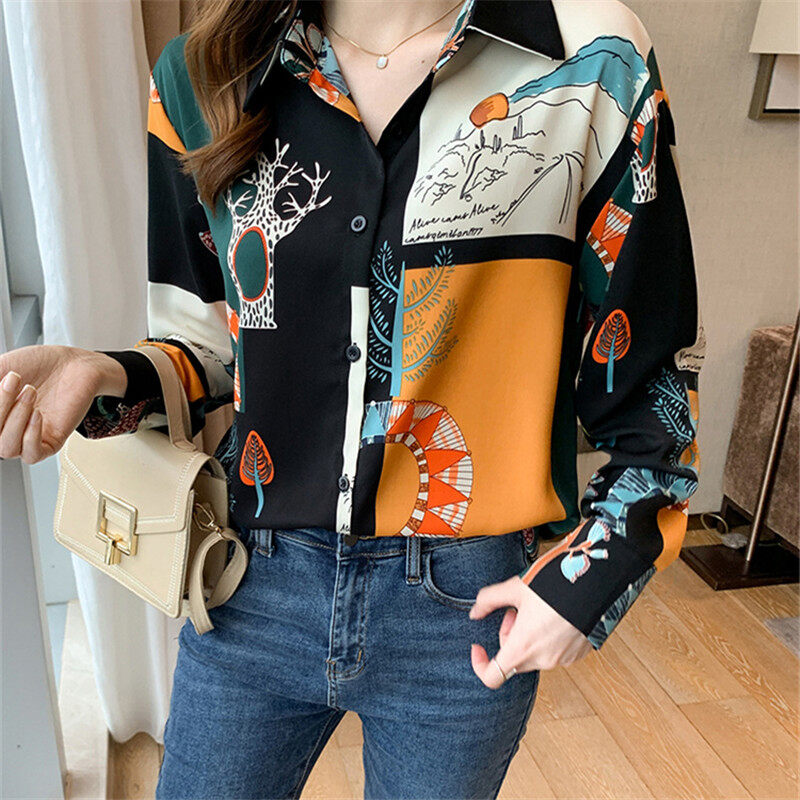 Vintage Shirt Women Korean Style Casual Printed Blouse Long Sleeve Chiffon Ladies Tops Loose Shirts